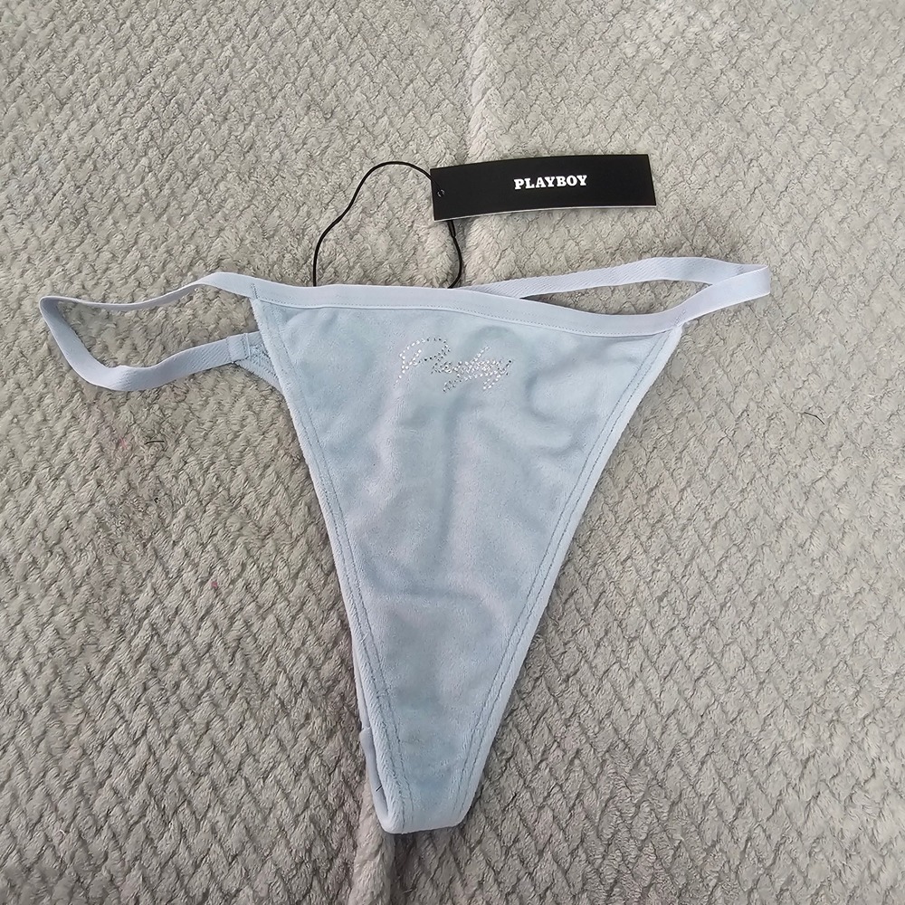 Playboy Thong Panty Arctic Ice Blue Rhinestone Logo Women's Size S NWT